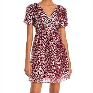 Aqua Metallic Babydoll Party‎ Dress Size S Burgundy Leopard Print